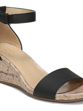 Naturalizer Sandals Womens Size 9.5 Black Areda Cork Wedge Open Toe Ankle Strap